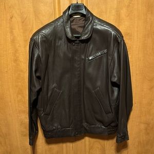 Brown leather bomber jacket